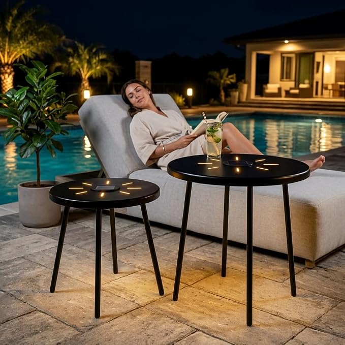 Solar Nesting Side Table Set of 2, Modern Black Metal Wire Round End Tables with Dusk to Dawn LED Light & On/Off Switch, Industrial Accent Tables for Patio, Balcony, Living Room, Garden (Solar 1)