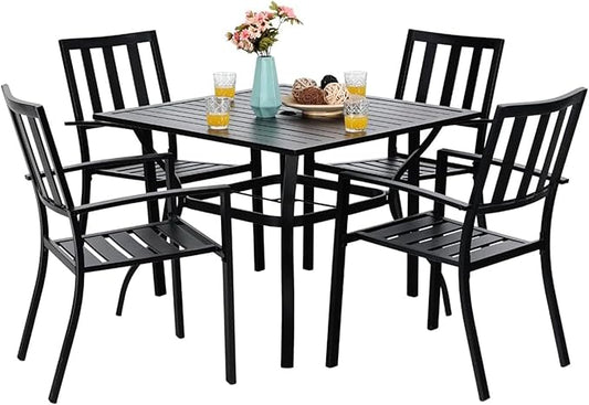 PHI VILLA Patio Dining Set,4 Stackable Chairs& 37" Square Metal Table | Outside Furniture Set for Patio, Deck, Backyard, Porch