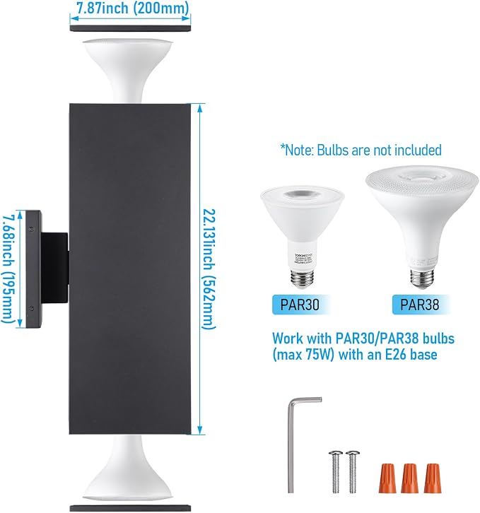 LEONLITE 2-Pack 22" Outdoor Rectangular Wall Light, Up and Down, E26 Base | Modern Porch Patio Lights, Waterproof Wall Sconce, Exterior Light Fixture Wall Mount, Aluminum, Matte Black, ETL Listed