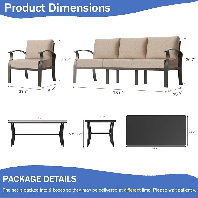 Aluminum Outdoor Patio Furniture Set,5 Seats Patio Conversation Sets with Rectangular Coffee Table,Metal Patio Sectional Furniture Set with 5.1" Thickened Cushions,Sand