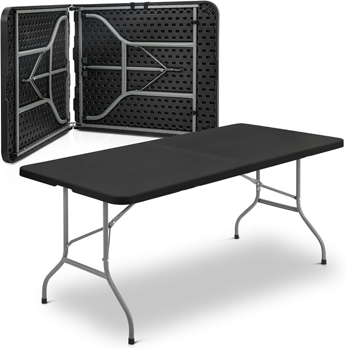 Magshion 6ft Plastic Folding Table with Handle for Indoor Outdoor, 6 Foot Utility Commercial Craft Foldable Table for Party Events, Black
