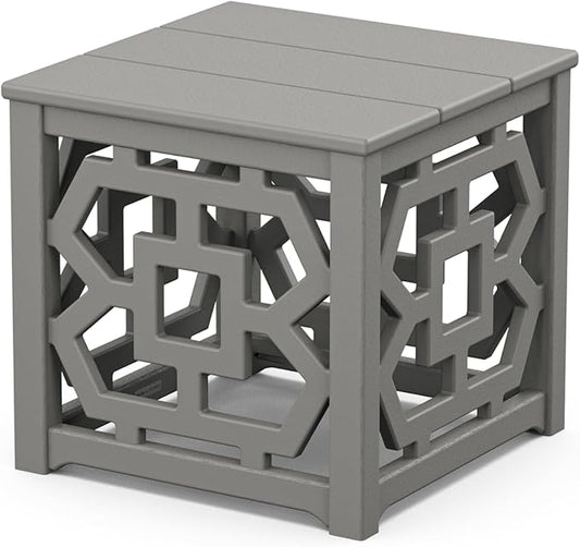 Martha Stewart by POLYWOOD Chinoiserie Outdoor Accent Table, Slate Grey 18"x18" Square with Latticework, Durable HDPE All-Weather Small Patio Furniture for Backyard, Deck, Garden, Made in The USA
