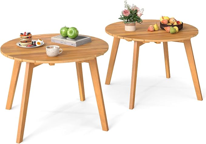 Tangkula Outdoor Side Table, 24.5 Inch Acacia Wood Round Accent Bistro Patio Table with Slatted Tabletop, for Backyard, Balcony, Poolside, Garden (2)