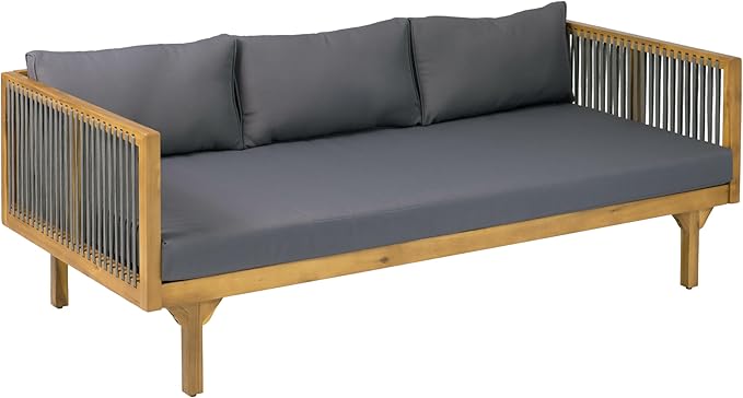 Merax Acacia Wood Outdoor Patio Loveseat Sofa w/Coushion and & Light Brown Rope, 3-Seater Sofa Daybed for Backyard, Lawn, Deck, Balcony, Water Repellent Fabric, 600 lbs Capacity,Teak + Gray