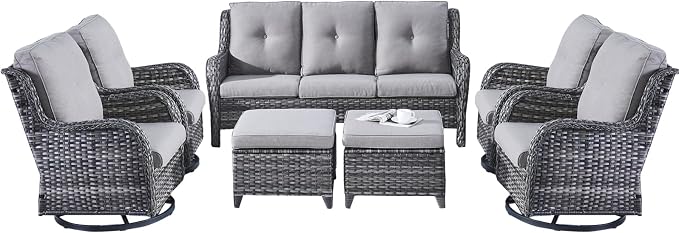 Rilyson Wicker Patio Furniture Set - 7 Piece Rattan Outdoor Sectional Conversation Sets with 4 Swivel Rocking Chairs,2 Ottomans and 1 Sofa for Porch Deck Garden(Mixed Grey/Grey)