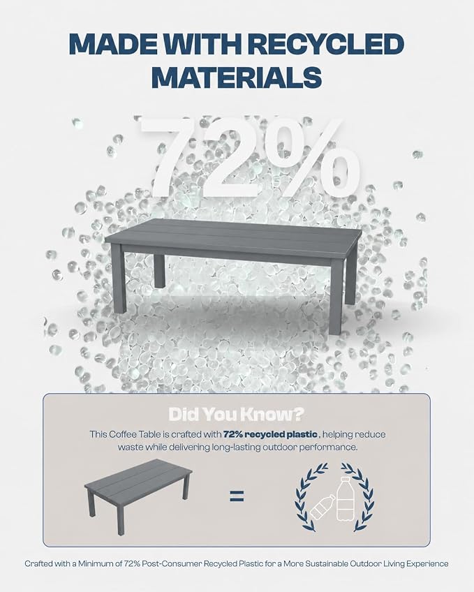 43.9" HDPE Outdoor Coffee Table (Gray) | All-Weather HDPE, Easy Assembly, Low-Maintenance, Large Tabletop, For Patio Deck Poolside Backyard Use