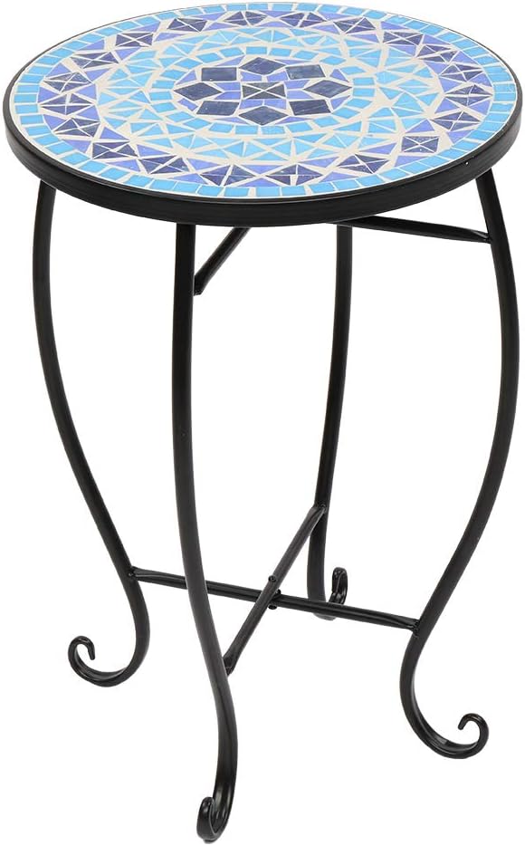 Mosaic Outdoor Side Table, 14inch Round Small Patio Accent Table Ottoman Mosaic Bistro Table Indoor End Table for Yard, Garden, Living Room, Bistro Balcony or Lawn (Dark Blue, 14'')