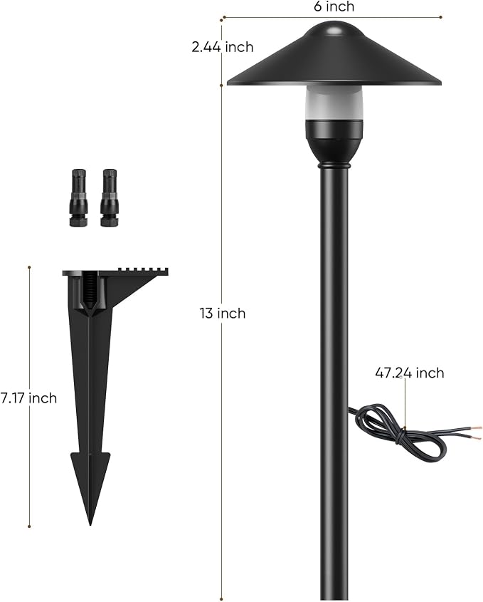 Low Voltage Landscape Lighting 6-Pack, Aluminum 12V Pathway Lights with G4 Bulbs, Waterproof Stylish Matte Black Color Round Shade Path Lights with Connectors for Walkway Yard Garden
