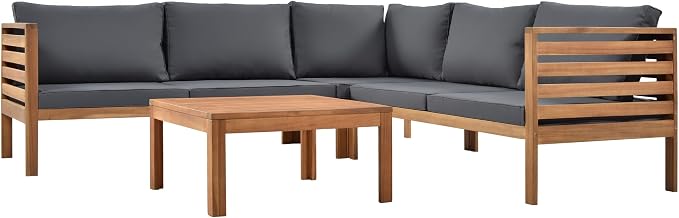 Merax 4-Piece Outdoor Sectional Furniture Set, All-Weather Acacia Wood Patio Sofa with Washable Cushions, Water-Resistant and UV Protected Conversation Set for Backyard, Poolside, Garden, Grey
