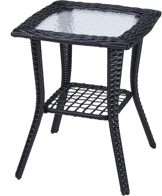 Wicker Rattan Side Table Patio Wicker Table, Outdoor Square Rattan Coffee Table End Table with Tempered Glass Top and Storage for Patio Porch Lawn (Black)