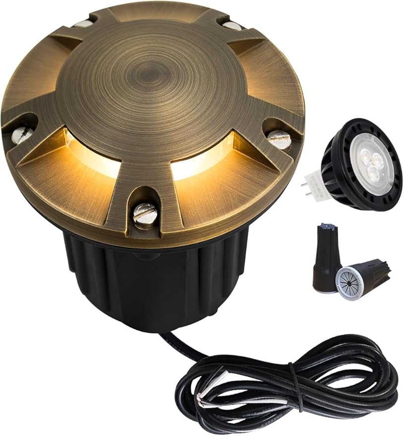 MALORY Brass Top Cover Landscape Well Lights,(φ126 mm) 12V Low Voltage Outdoor In Ground Lights,Landscape Lighting for Pathway, Driveway, Garden (Five-Direction Turret, 1-Pack with Bulb)