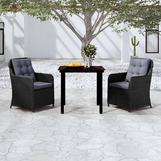 3 Piece Patio Dining Set Black Outdoor Rattan Furniture with Cushions for Garden Backyard Porch, Glass Table and 2 Chairs Weatherproof