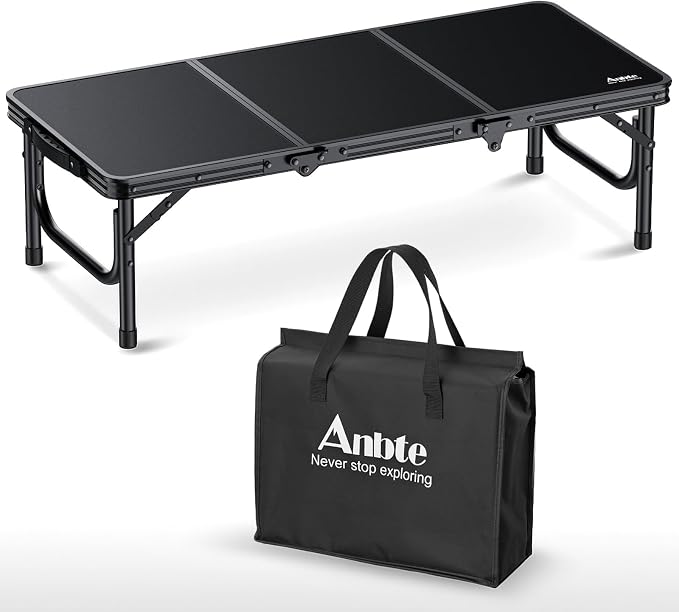 Anbte 34.2" x 15.7" Small Low Folding Picnic Table, 10.3" Height Thicker Aluminum Small Camping Table with Storage Bag, Portable Handle, Lightweight, for Camping Beach Party Picnic Floor, Black