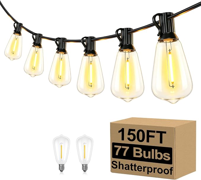 Brightever Outdoor String Lights 150FT, Patio Lights with 75+2 Dimmable ST38 Shatterproof LED Bulbs, Vintage Edison String Lights for Outside, Waterproof Bistro Lights for Halloween Backyard 2700K