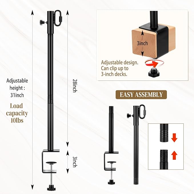 2 Pack Deck String Light Poles with Adjustable 3" Clamp, Outdoor Light Poles for String Lights Garden Backyard Deck Fence Railing Hanging Bird Feeders, Lanterns, Wind Chimes (28 Inch)