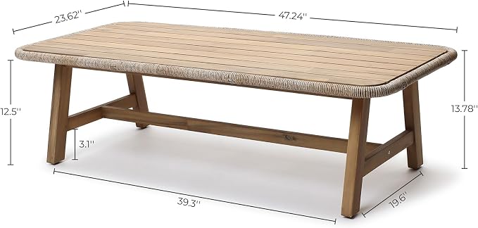 LuxenHome 47" Outdoor Coffee Table for Patio, Acacia Wood Patio Table with Woven Trim, Rectangular Outdoor Table for Patio, Balcony, and Porch