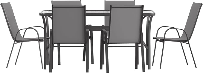 Merrick Lane Bardwell 7-Piece Outdoor Dining Table Set for 6, Glass Top Table with Hole for Umbrella, 6 Breathable Textilene Stackable Patio Chairs, Gray/Black