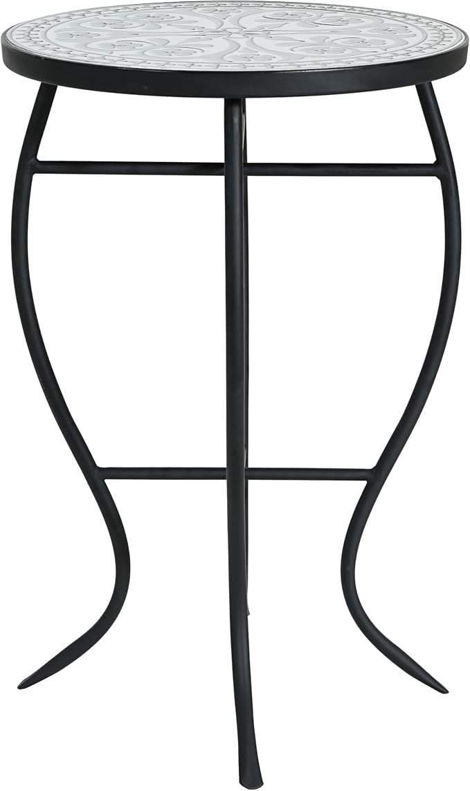 Christopher Knight Home Lora Small Outdoor Side Table with Curved Legs, Patio Decorative End Table for Garden Porch Backyard, Mosaic-Style Round Tabletop, Durable Iron Frame, Grey + Black