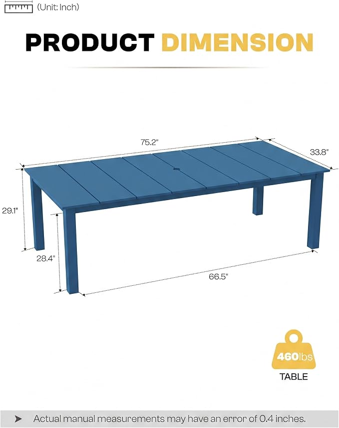 75.2" Outdoor Dining Table for 4-6 People, Patio Dining Outdoor Table with Umbrella Hole, All Weather Patio Table for Backyard, Deck and Garden, Navy Blue