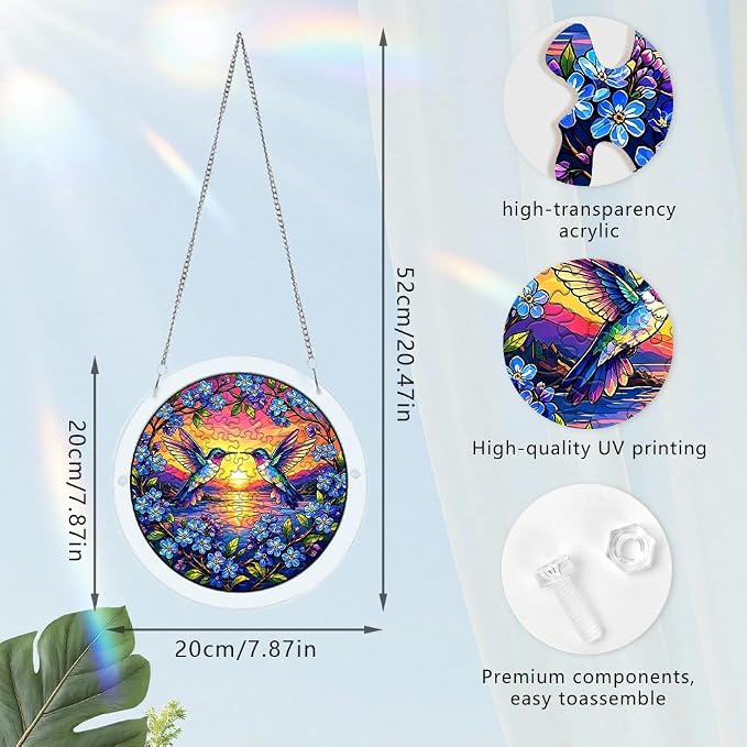 Acrylic Puzzle Suncatcher, Hummingbird & Flower Sun Catcher Jigsaw Puzzle Window Hanging, Acrylic Puzzles Kit Home Garden Decor, for Mom, Wife, Sisters, 7.87 inch