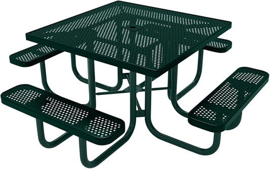 COATEDOUTDOORFURNITURE Heavy-Duty Portable Outdoor Picnic Table with Umbrella Hole, Punched Steel Commercial-Grade Patio Furniture Made in America (46" Square Top, Dark Green with Dark Green Frames)