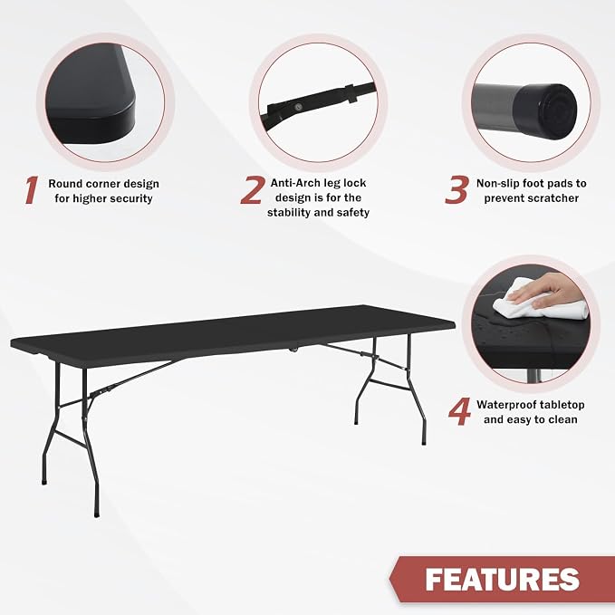 8FT Folding Table, Heavy Duty Foldable Dining Table, Portable Plastic Picnic Table with Handle, Indoor Outdoor Camping Table, Fold-in-Half Rectangular Banquet Party Table – Black