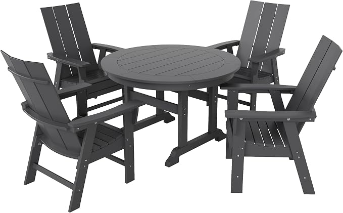 WestinTrends Ashore 5 Pieces Adirondack Outdoor Dining Set, All Weather Poly Lumber Slatted Modern Farmhouse Patio Furniture Set, 47" Trestle Round Table and 4 Adirondack Dining Chair, Gray