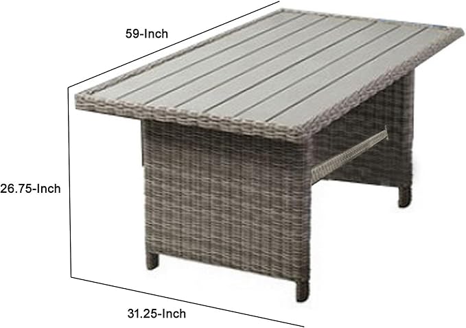 Benjara BM302141 59 in. Slatted Surface Faux Wicker Outdoor Aluminum Dining Table Gray