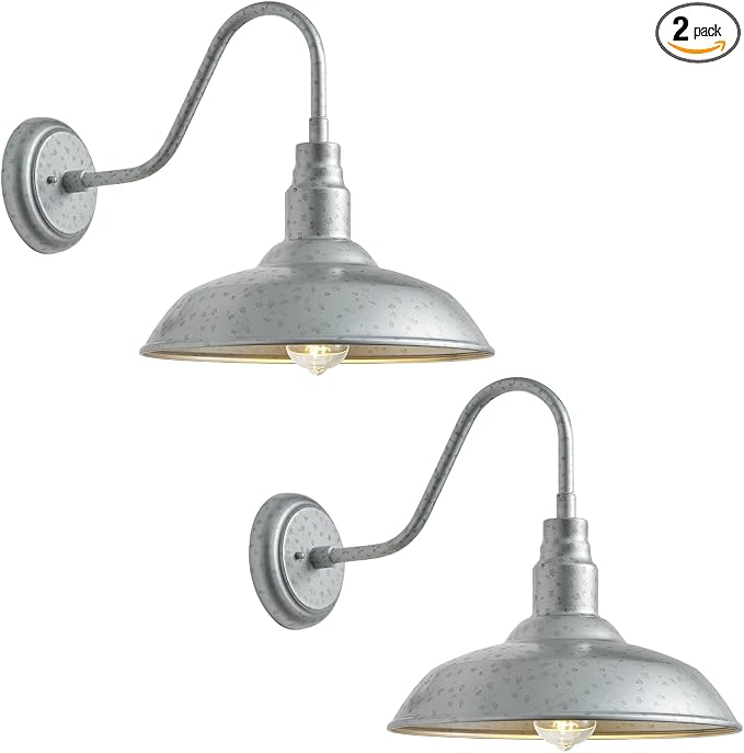 10in Dome Outdoor Gooseneck Barn Light, 2 Pack Silver Exterior Porch Gooseneck Wall Mount Lighting Fixture, Farmhouse Style Outside Barn Wall Sconce for House, Garage, Waterproof