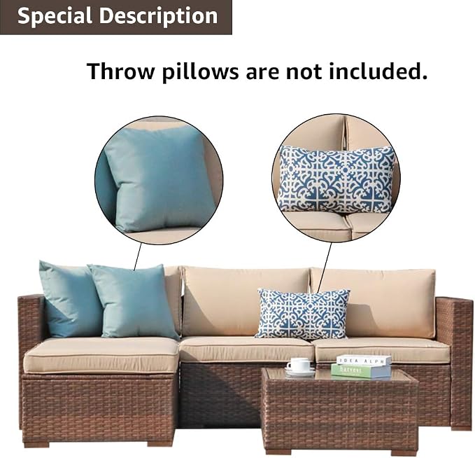 Patiorama 5 Piece Outdoor Patio Furniture Set, Outdoor Sectional Conversation Set, All-Weather Brown PE Wicker w/Beige Cushions, Outdoor Backyard Porch Garden Poolside Balcony Furniture Set