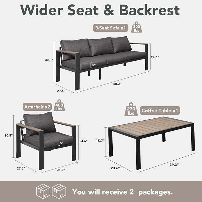 Patio Furniture Set 5 Seats and Coffee Table, Patio Conversation Set with Washable Thick Cushions, Deluxe Aluminum Modern Outside Sectional for Porch, Balcony, Deck, Yard, Dark Gray