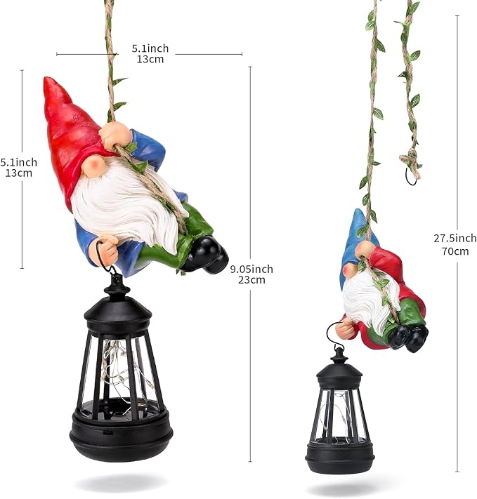 Solar Hanging Gnome Garden Statues Funny Climbing Gnome with LED Lantern | Outdoor Swinging Decor Tree Hugger Yard Porch Wall Fence Decoration Birthday Garden Gifts for Mom Women, Red Hat