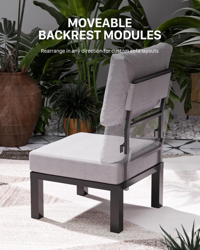 ZANDOR Aluminum Outdoor Patio Furniture Set, 3 Pieces Movable Backrest Modular Sectional Sofa Set, Metal Conversation Set with 4-inch Thick Cushion for Garden Backyard Porch, Grey