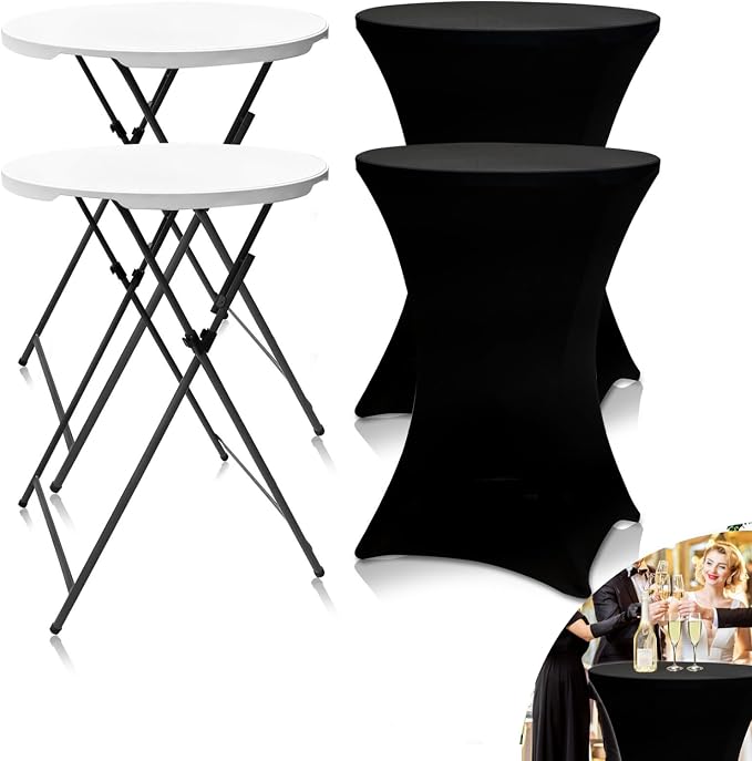 2 Sets 32in Round Folding Cocktail Tables with Spandex Stretch Table Covers for Indoor Outdoor Use Portable Ideal for Parties Events Dining and Gatherings (White Set+2BKcloth)