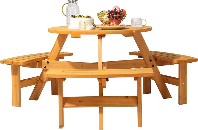 VINGLI 6 Person Wooden Picnic Table, Outdoor Picnic Table with 3 Build-in Benches, Round Patio Table and Bench Set with Umbrella Hole for Backyard, Garden, Pool, Natural Wood