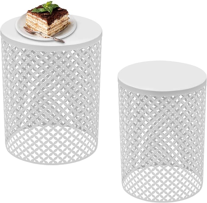 Cylindrical Outdoor Side Tables Set of 2, Metal Frame Accent Table End Table, Vintage Side Tables for Patio Gardens Balconies Cafes Parks (2, White)