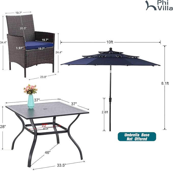 PHI VILLA 5pc Patio Dining Set with Umbrella, Square Table, Rattan Chairs | Outdoor Dining Set for 4, 37" Metal Table & 4 Cushioned Rattan Chairs with Blue Umbrella for Outdoor, Deck, Yard, Porch
