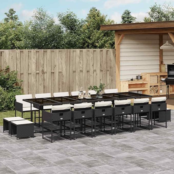 17-Piece Outdoor Rattan Dining Set with Cushions, Large Patio Furniture Set for 16 People, Table, 12 Chairs, 4 Stools, Tempered Glass Top, Backyard Garden Terrace, Black and Cream