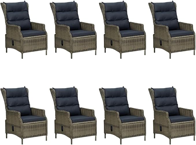 9 Piece Patio Dining Set with Cushions Poly Rattan Brown | Powder-coated Steel Frame, Glass Tabletop, Adjustable Backrest, Removable Cushion Covers