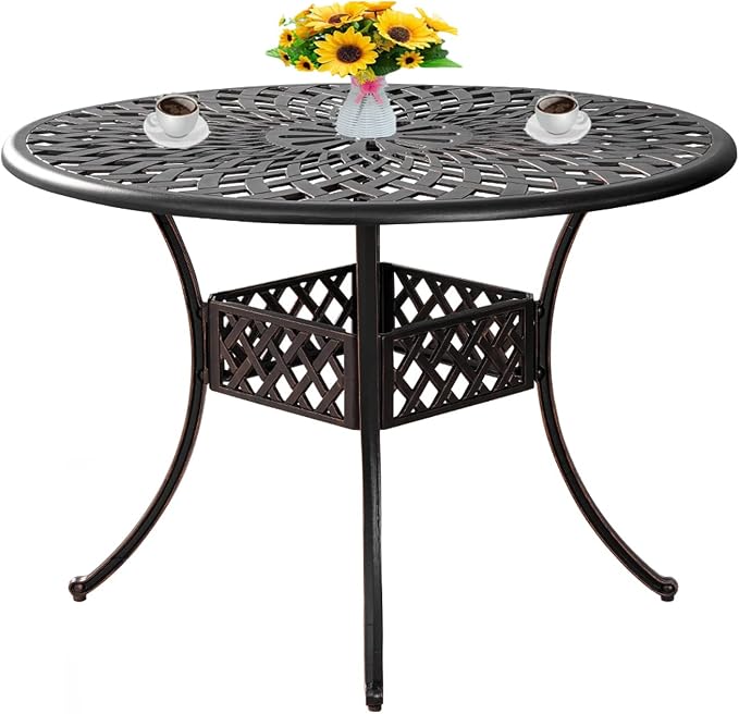 42 Inch Cast Aluminum Round Patio Table,Outdoor Patio Dining Table with 1.97" Umbrella Hole,All Weather Bistro Table for Garden,Bronze
