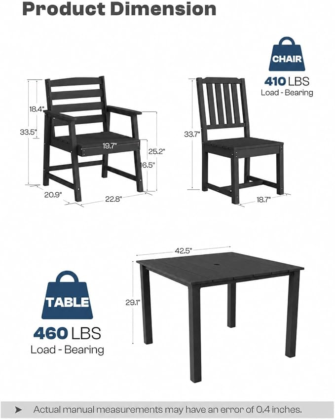 HDPE Outdoor Dining Set for 4 with 10FT Umbrella, Black | All-Weather HDPE, Wood Grain Finish, 42.5" Square Table, Built-In Umbrella Hole, Seats 4, Patio & Poolside Ready