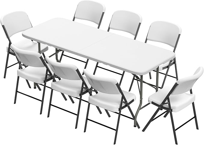 Elevon Folding Table Set with 8 White Folding Chairs,6 Feet Heavy Duty Fold-in-Half Utility Table Sets for Picnic, Event, Training, Outdoor Activities, at Home and Commercial Use