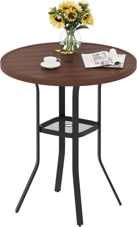 VICLLAX Patio Bar Height Table, Outdoor Round Bar Table with Umbrella Hole for Balcony, Porch, Deck, 37" Walnut