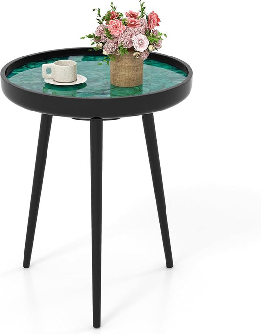 Giantex Outdoor Side Table, Round End Table with Epoxy Resin Finish, Sea Shell Decoration, Mahogany Wood Frame, Tray Top, Patio Side Table for Living Room, Pool, Yard, Porch (Green, 16” x 16” x 19.5”)