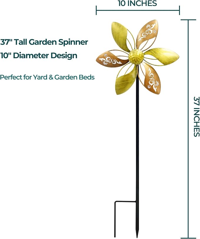 Metal Wind Spinner for Yard, 37" Kinetic Garden Decor | Rust-Resistant Finish, Smooth Rotation, Elegant Floral Design, Tool-Free Setup, Outdoor Yard Art