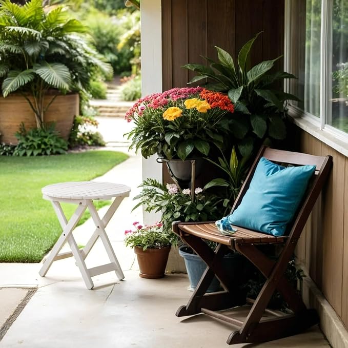 Outdoor Small Table, Round Folding Wooden Patio Side Table Furniture End Table for Adirondack Chair, Balcony, Porch, No Assembly Required, White