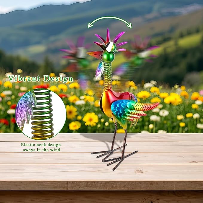 Metal Wacky Rooster Garden Statue for, Patio, Backyard, Lawn | 18'' Rooster Decor, Yard Statue Decorations Outdoor, Chicken Yard Art, Colorful