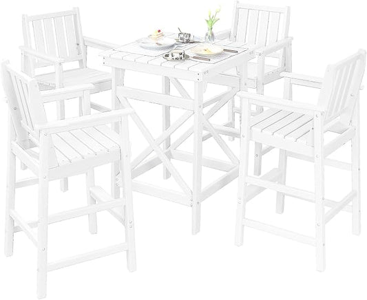 5 Pieces Adirondack Bar Chairs Set, HDPE Patio Bar Height Table and Chairs, Tall Adirondack Outdoor Bar Stools Set, HDPE Patio Bar Sets Furniture for Garden, Poolside, Bistro, Pearl