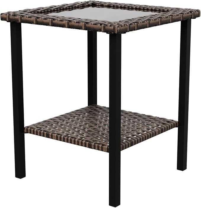 Canyon Ridge Outdoor Side Table, Tempered Glass Top Wicker Square Small End Table for Deck, Porch, Balcony, Garden and Backyard, Brown