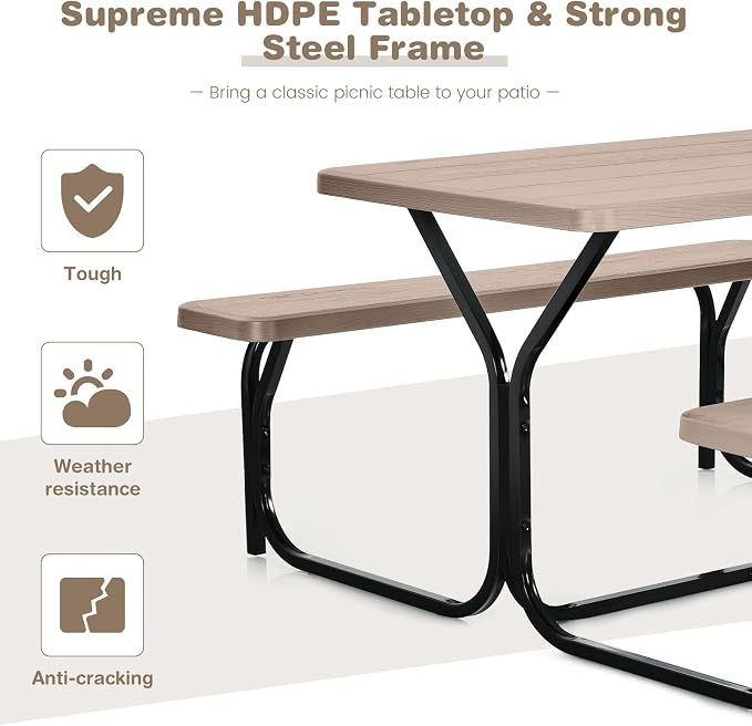 Tangkula Picnic Table Bench Set, Outdoor Picnic Table with 2 Benches, Metal Camping Table with Plastic Wood-Like Texture Tabletop & Steel Frame, Ideal for Picnic, Party, Garden, Lawn (Brown)